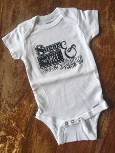 Sugar & Spice Gerber brand onesie available in sizes from 0-24 months.